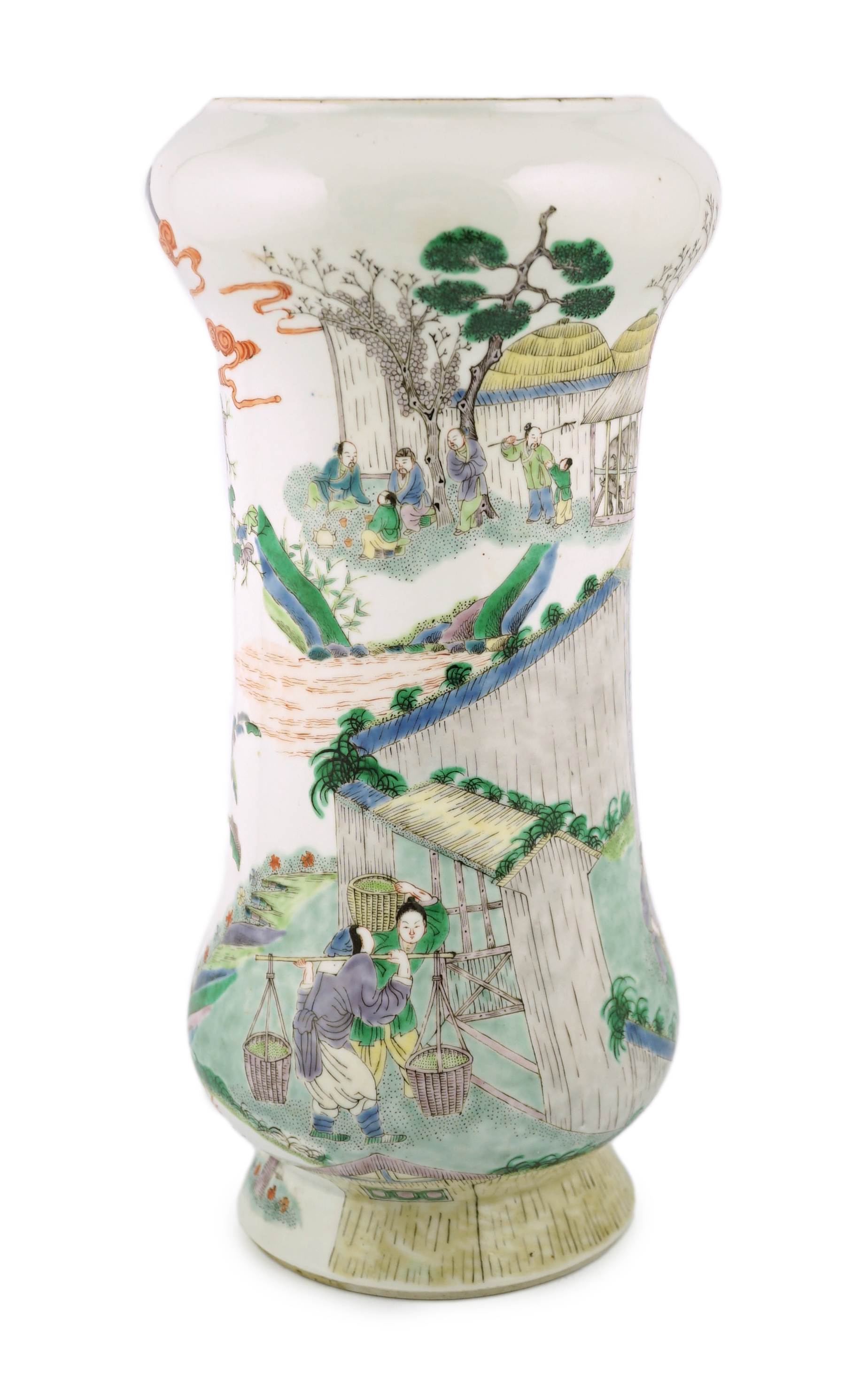A Chinese famille verte ‘farming’ tall vase, Kangxi mark but late 19th century, crack to neck